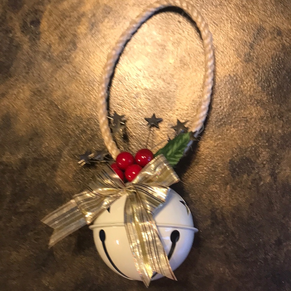 Big vintage Christmas bell ornament cream with red berries gold bow stars & rope